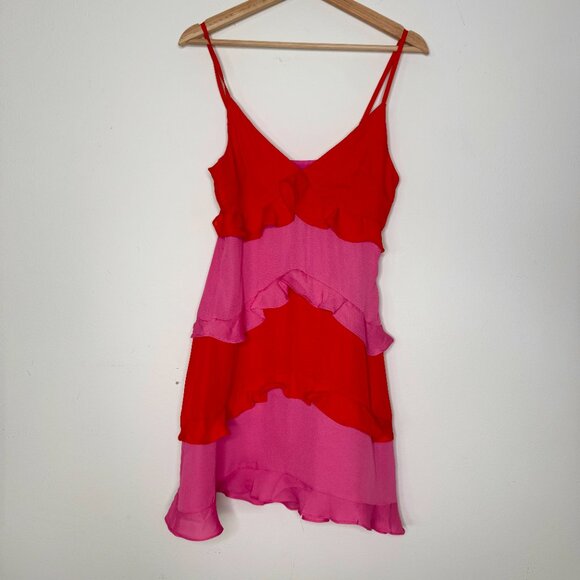 MICAS | Color Block Ruffle V-Neck Mini Two Tone Pink and Orange Dress - S - Picture 2 of 7